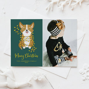 Handpainted Corgi in Lights Dog Photo Christmas Holiday Card