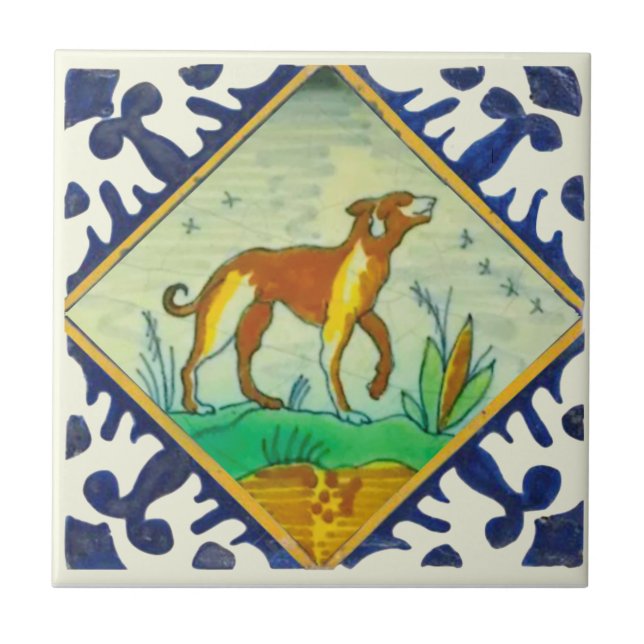 Handpainted Dog 17th Century Delft Reproduction Tile (Front)