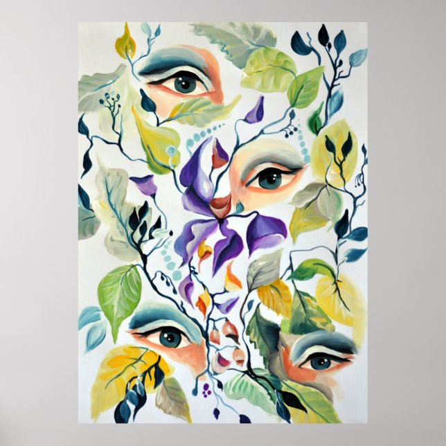 Handpainted Elegant Feminine Eyes Colorful Leaves  Poster (Front)
