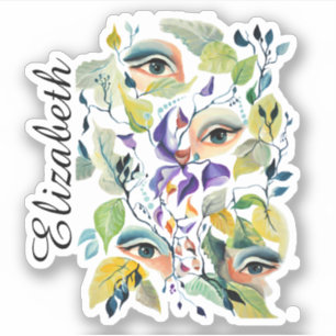 Handpainted Elegant Feminine Eyes Colourful Leaves