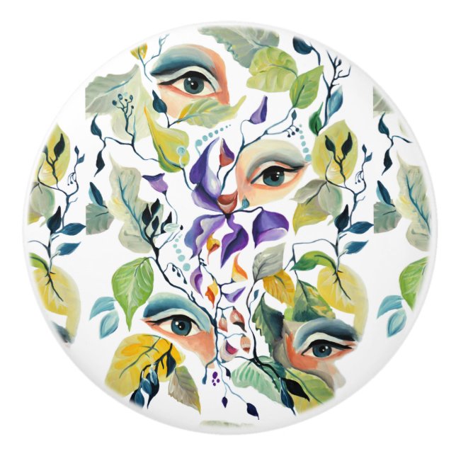 Handpainted Elegant Feminine Eyes Colourful Leaves Ceramic Knob (Front)