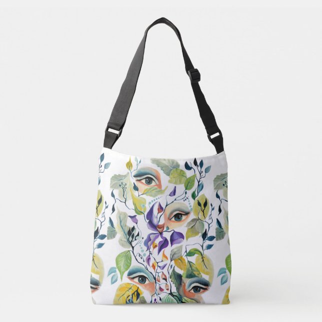 Handpainted Elegant Feminine Eyes Colourful Leaves Crossbody Bag (Front)