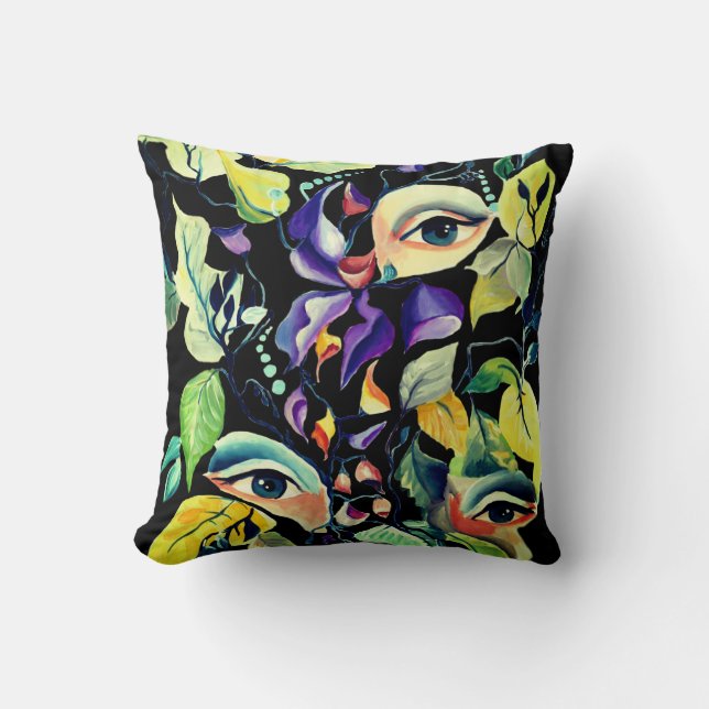 Handpainted Elegant Feminine Eyes Colourful Leaves Cushion (Front)