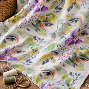 Handpainted Elegant Feminine Eyes Colourful Leaves Fabric