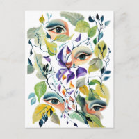 Handpainted Elegant Feminine Eyes Colourful Leaves
