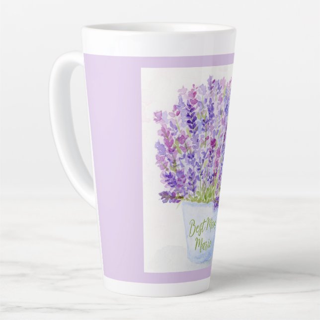 Handpainted Loose Watercolor Lavender Floral MOM Latte Mug (Left Angle)