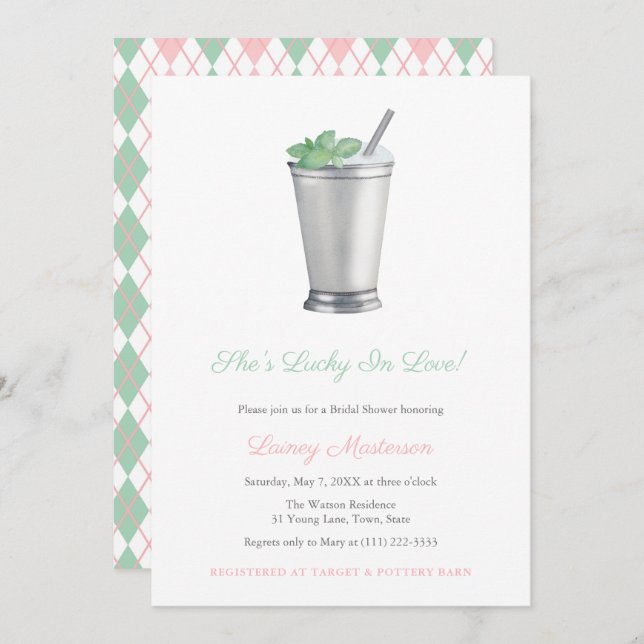 Handpainted Mint Julep Argyle Derby Bridal Shower Invitation (Front/Back)
