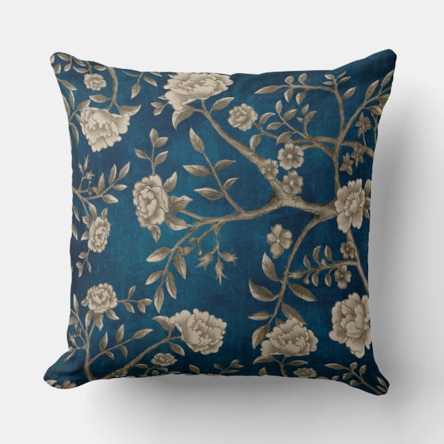 Handpainted Navy Blue Chinoiserie Floral Greenery Cushion (Front)