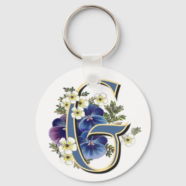 Handpainted Pansy Initial -  G Key Ring (Front)