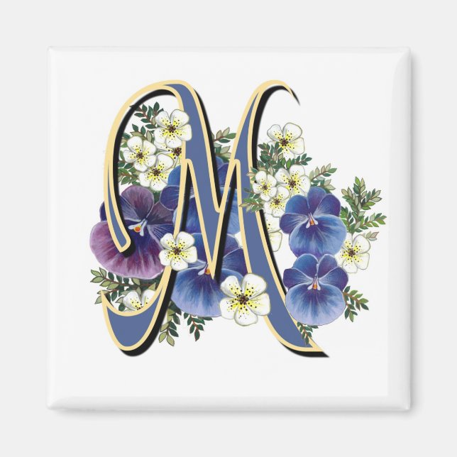 Handpainted Pansy Initial Monogram -  M Magnet (Front)