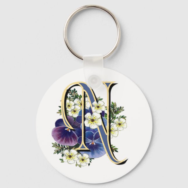 Handpainted Pansy Initial Monogram -  N Key Ring (Front)