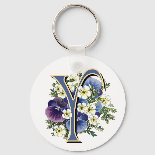 Handpainted Pansy Initial Monogram - Y Key Ring (Front)