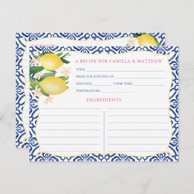 Handpainted Positano Lemons Royal Blue Recipe Card (Front/Back)