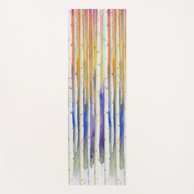 Handpainted rainbow sunset birch watercolor forest yoga mat (Front)