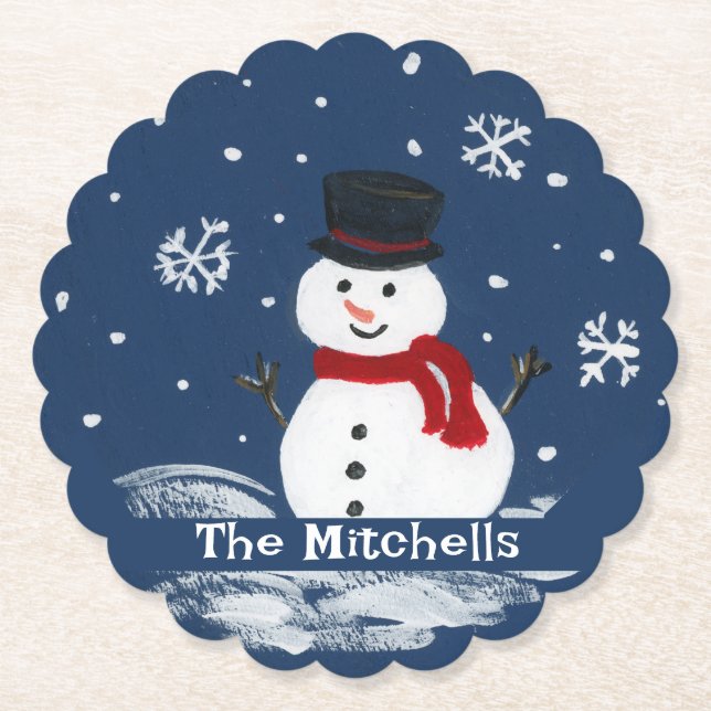Handpainted Snowman PERSONALIZE Paper Coaster (Front)