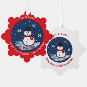 Handpainted Snowman RED Personalise Tree Decoration Card