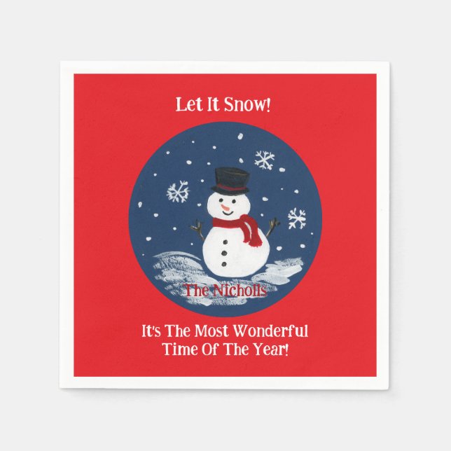 Handpainted Snowman Red PERSONALIZE Napkin (Front)
