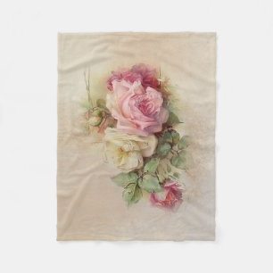Handpainted Style Vintage Pink and White Roses Fleece Blanket