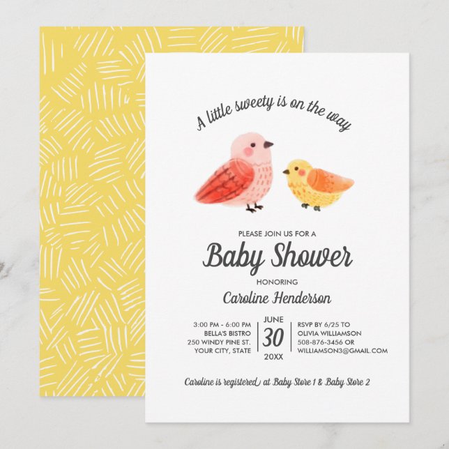Handpainted Watercolor Bird Baby Shower Invitation (Front/Back)