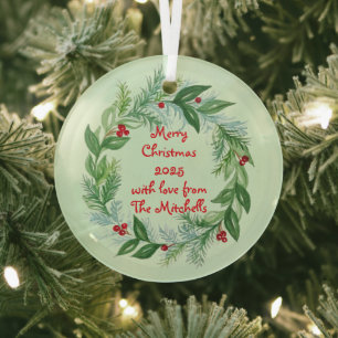 Handpainted Watercolor Christmas Holiday Wreath  Glass Tree Decoration