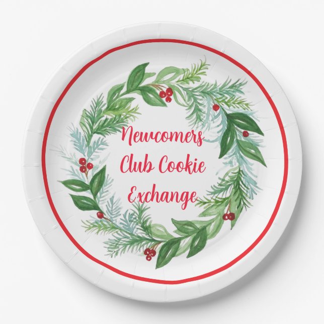 Handpainted Watercolor Christmas Holiday Wreath Paper Plate (Front)