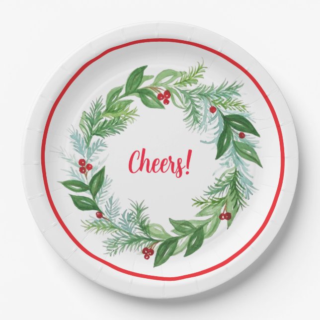 Handpainted Watercolor Christmas Holiday Wreath Paper Plate (Front)