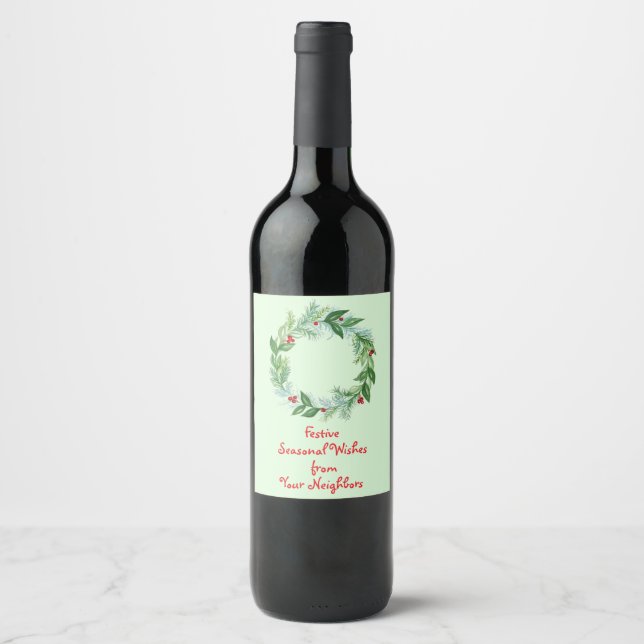 Handpainted Watercolor Christmas Holiday Wreath Wine Label (Front)