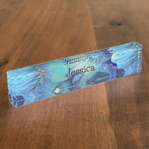 Handpainted Watercolor Floral Aqua and Blues Nameplate