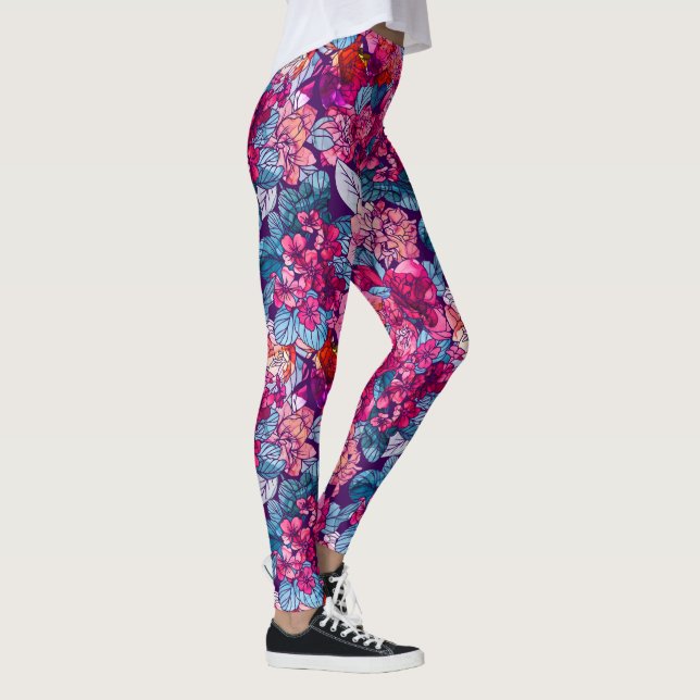 Handpainted Watercolor Floral Pattern Pink Purple Leggings (Right)