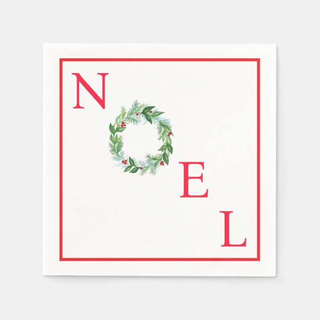 Handpainted Watercolor Holiday Wreath NOEL Napkin (Front)