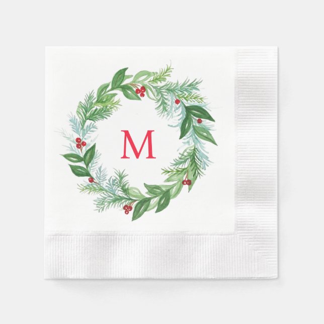 Handpainted Watercolor Holiday Wreath with Initial Napkin (Front)