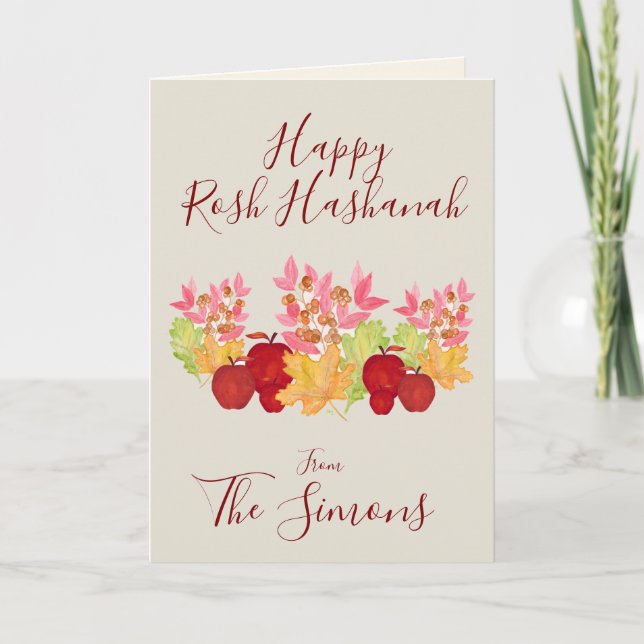 Handpainted Watercolor Leaves Apples Rosh Hashanah Card (Front)