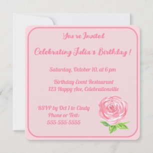 Handpainted Watercolor Rose HAPPY BIRTHDAY Invitation