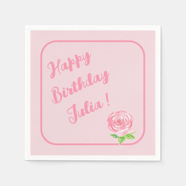 Handpainted Watercolor Rose HAPPY BIRTHDAY  Napkin (Front)