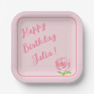 Handpainted Watercolor Rose HAPPY BIRTHDAY Paper Plate