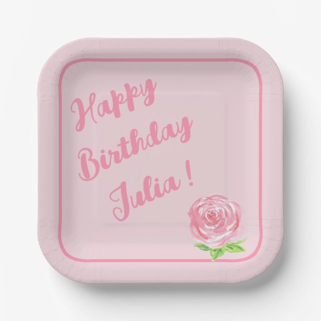 Handpainted Watercolor Rose HAPPY BIRTHDAY  Paper Plate (Front)