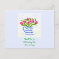 Handpainted Watercolor Tulips, Blue Stripe Pitcher