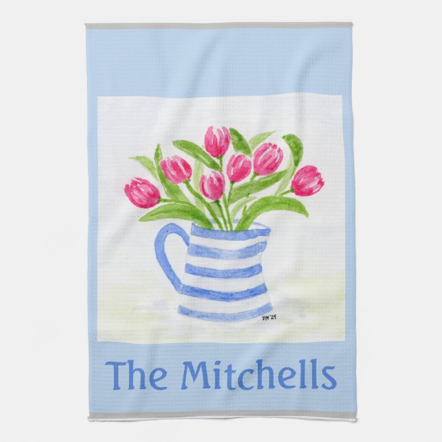 Handpainted Watercolor Tulips, Blue Stripe Pitcher Tea Towel (Vertical)