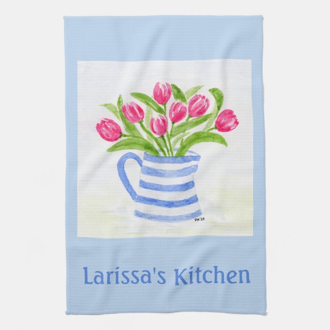 Handpainted Watercolor Tulips, Blue Stripe Pitcher Tea Towel (Vertical)