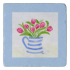 Handpainted Watercolor Tulips, Blue Stripe Pitcher