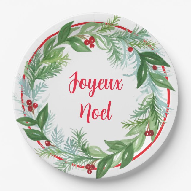 Handpainted Watercolor Xmas Holiday Wreath Noel Paper Plate (Front)
