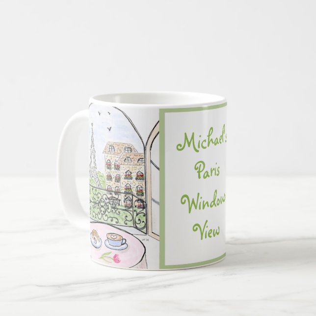 Handpainted Whimsical Paris Drawing PERSONALIZE Coffee Mug (Front Left)