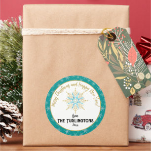 Handpainted White Aqua Snowflakes Holiday Greeting Classic Round Sticker