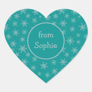 Handpainted White & Aqua Snowflakes on Teal Name Heart Sticker