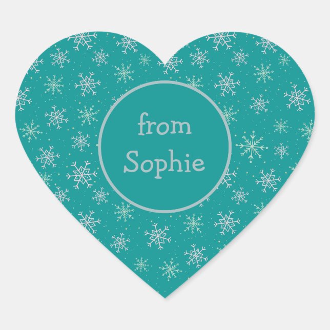 Handpainted White & Aqua Snowflakes on Teal Name Heart Sticker (Front)
