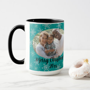 Handpainted White & Aqua Snowflakes on Teal Photo Mug