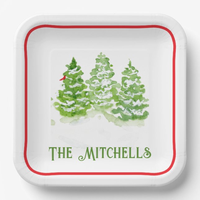 Handpainted Winter Trees PERSONALIZE NAME Paper Plate (Front)