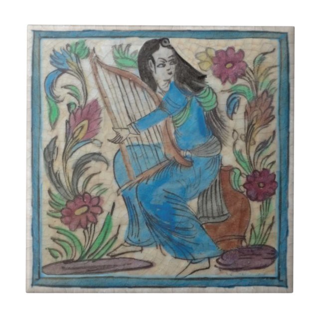 Handpainted Woman with Harp Persian Antique Repro Tile (Front)