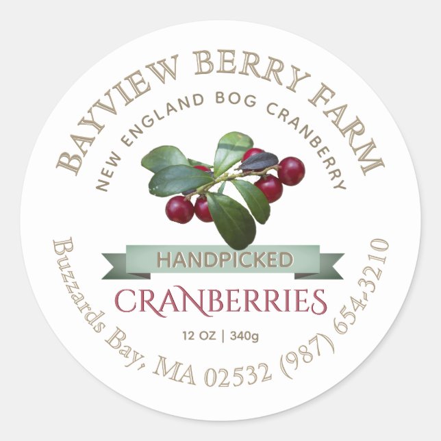 Handpicked Local Cranberry Label Gold on White (Front)