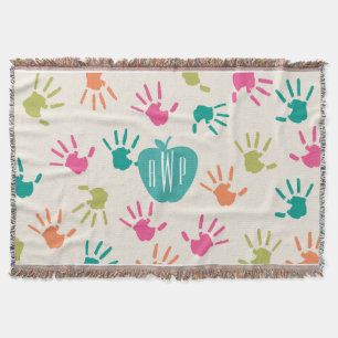Handprints and Turquoise Apple Monogram Teacher Throw Blanket